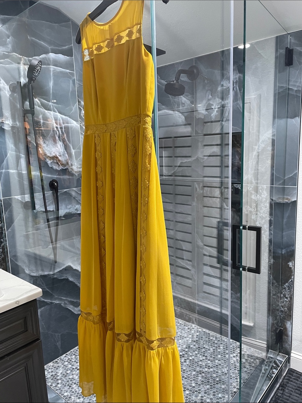 Dress the Population Mustard Yellow Sleeveless Lace-Trim Maxi Dress